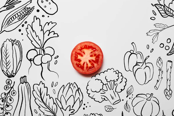 Vista superior de rodaja de tomate fresco sobre fondo blanco con ilustración de verduras negras - foto de stock