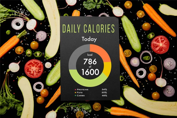 Top view of black card with daily calories illustration on vegetable pattern isolated on black — Stock Photo