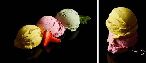 Collage de délicieuses boules de crème glacée citron, fraise et menthe isolées sur du noir — Photo de stock