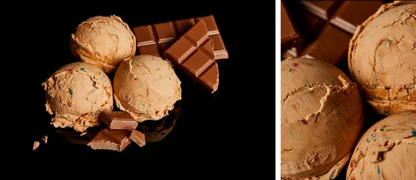 Collage of fresh delicious chocolate ice cream isolated on black — Stock Photo