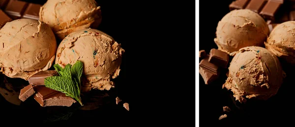 Colagem de delicioso sorvete de chocolate fresco com folhas de hortelã isoladas em preto — Fotografia de Stock