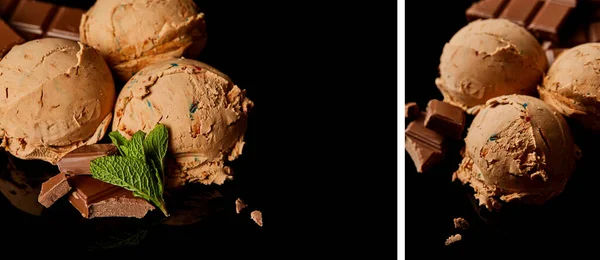 Collage of fresh delicious chocolate ice cream with mint leaves isolated on black — Stock Photo