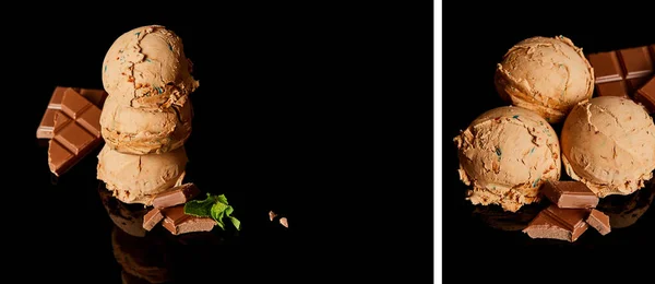Collage de délicieuses glaces au chocolat fraîches aux feuilles de menthe isolées sur du noir — Photo de stock