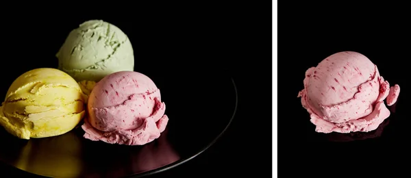 Collage de deliciosas bolas de helado amarillo, rosa y verde en plato aislado en negro - foto de stock