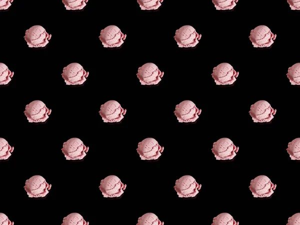 Delicious pink strawberry ice cream isolated on black, seamless pattern — Stock Photo