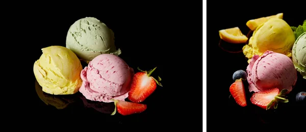 Collage de deliciosas bolas de helado de limón, fresa y menta aisladas en negro - foto de stock