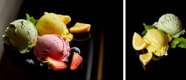 Collage of delicious lemon, berry and mint ice cream balls on black — Stock Photo