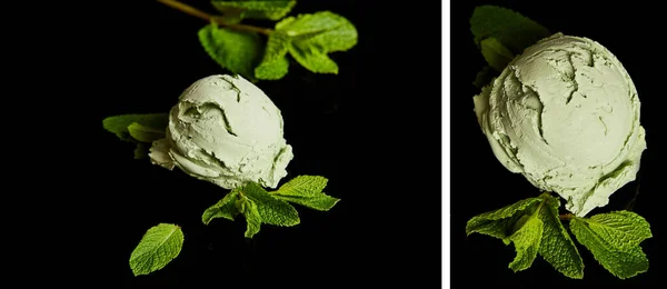 Колаж свіжого смачного зеленого морозива з листям ізольовані на чорному — стокове фото
