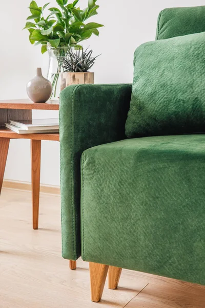 Закрыть вид на зеленый диван с подушкой и одеялом рядом с деревянным журнальным столиком с растениями — стоковое фото