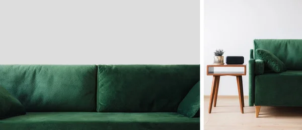 Collage of green sofa with pillows and wooden coffee table with plant and alarm clock — Stock Photo