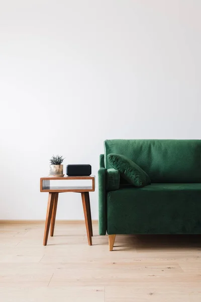 Sofá verde com travesseiro e mesa de café de madeira com planta e despertador — Fotografia de Stock