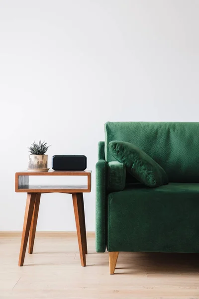 Grünes Sofa mit Kissen und Decke in der Nähe eines Holztisches mit Pflanzen — Stockfoto