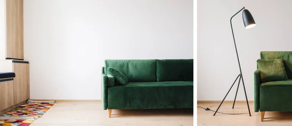 Collage de canapé vert avec oreiller, lampadaire moderne en métal, tapis et armoires en bois — Photo de stock