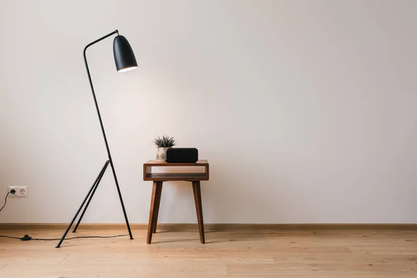 Lâmpada de chão de metal e mesa de café de madeira com planta e relógio com tela em branco — Fotografia de Stock