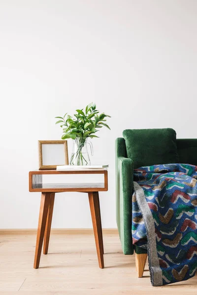 Sofá verde con almohada y manta cerca de la mesa de centro de madera con planta verde, libros y marco de fotos - foto de stock
