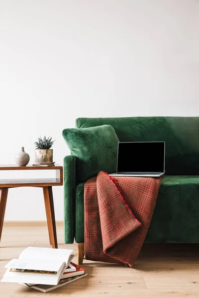 Divano verde con coperta e laptop vicino a tavolino in legno con piante e libri — Foto stock