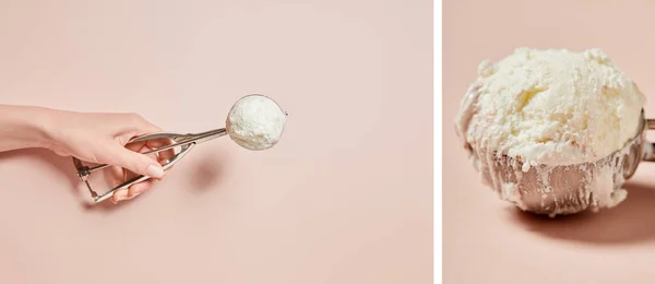 Colagem de mão feminina segurando bola de sorvete saborosa fresca em colher no fundo rosa — Fotografia de Stock