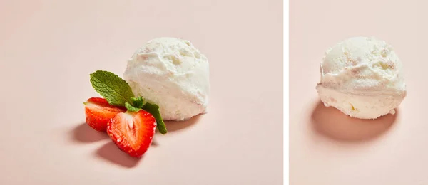 Collage de bola de helado fresco sabroso con fresa y menta sobre fondo rosa - foto de stock