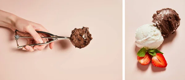 Vista cortada de mulher com colher e fresco saboroso branco e chocolate bolas de sorvete com hortelã e morango no fundo rosa, colagem — Fotografia de Stock