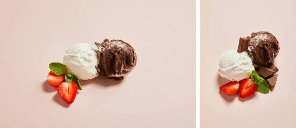 Collage of fresh tasty white and chocolate ice cream balls with mint and strawberry on pink background — Stock Photo