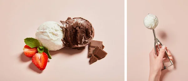 Vista cortada de mulher com colher e fresco saboroso branco e chocolate bolas de sorvete com hortelã e morango no fundo rosa, colagem — Fotografia de Stock