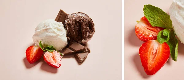 Colagem de bolas de sorvete brancas e de chocolate saborosas frescas com hortelã e morango no fundo rosa — Fotografia de Stock