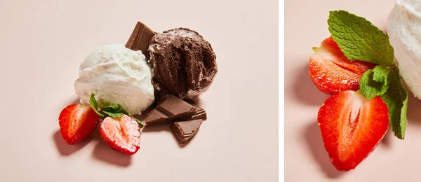 Collage of fresh tasty white and chocolate ice cream balls with mint and strawberry on pink background — Stock Photo