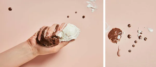 Cropped view of woman holding melted brown and white ice cream on pink background, collage — Stock Photo
