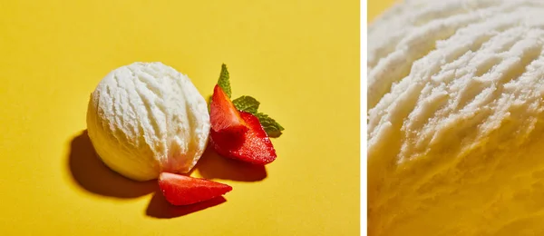 Collage aus frischer leckerer Eiskugel mit Minzblättern und Erdbeere auf gelbem Hintergrund — Stockfoto
