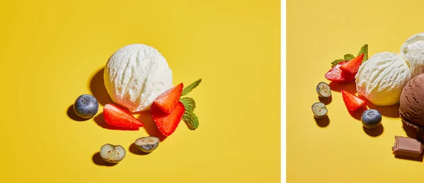 Collage aus frischen leckeren Eiskugeln mit Minzblättern und Beeren auf gelbem Hintergrund — Stockfoto