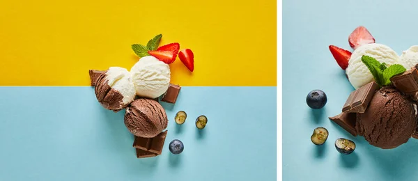 Top view of tasty brown and white ice cream with berries, chocolate and mint on yellow and blue background, collage — Stock Photo