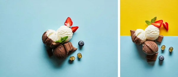 Draufsicht auf leckeres braunes und weißes Eis mit Beeren, Schokolade und Minze auf gelbem und blauem Hintergrund, Collage — Stockfoto