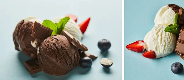 Leckeres braunes und weißes Eis mit Beeren, Schokolade und Minze auf blauem Hintergrund, Collage — Stockfoto