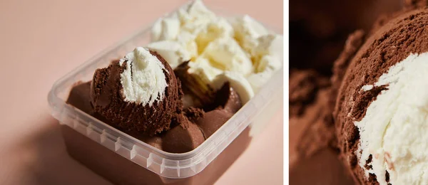 Colagem de sorvete marrom e branco saboroso em recipiente de plástico no fundo rosa — Fotografia de Stock