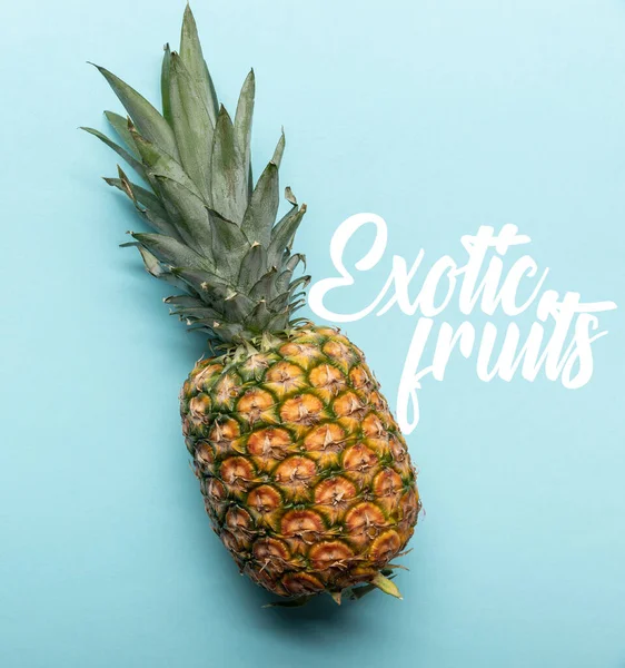Draufsicht auf ganze reife tropische Ananas auf blauem Hintergrund mit exotischen Früchten Illustration — Stockfoto