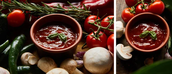 Collage de délicieuse sauce tomate dans un bol près de légumes frais mûrs, romarin et champignons — Photo de stock