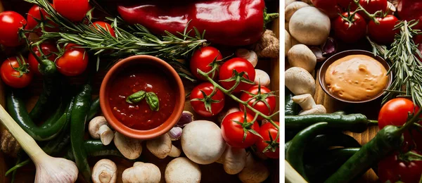 Collage de délicieuses sauces dans des bols près de légumes frais mûrs, romarin et champignons — Photo de stock