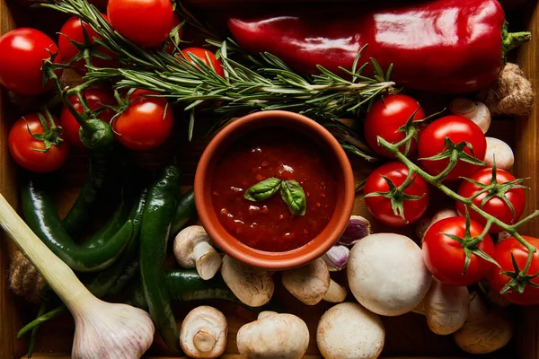 Вид на вкусный томатный соус в миске рядом со свежими зрелыми овощами, розмарином и грибами — стоковое фото