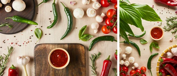 Colagem de delicioso molho de tomate em tigela perto de legumes frescos maduros, ervas, especiarias e cogumelos na mesa de madeira — Fotografia de Stock