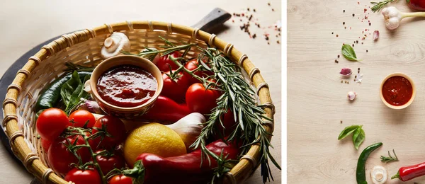 Colagem de delicioso molho de tomate com legumes frescos maduros em cesta na mesa de madeira — Fotografia de Stock