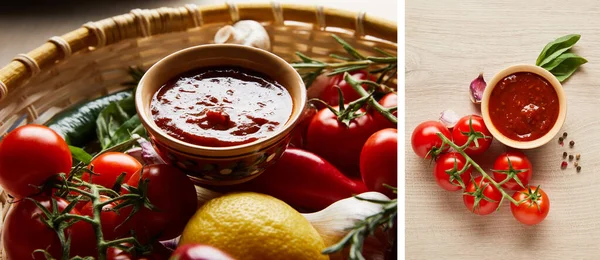 Collage de délicieuse sauce tomate aux légumes frais mûrs dans un panier sur une table en bois — Photo de stock