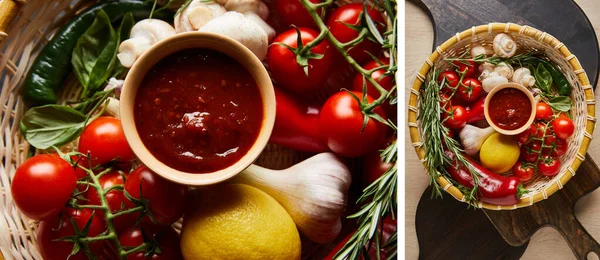 Коллаж из вкусного томатного соуса со свежими зрелыми овощами в корзине — стоковое фото