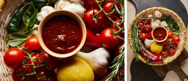 Collage of delicious tomato sauce with fresh ripe vegetables in basket — Stock Photo