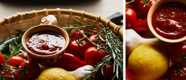 Collage of delicious tomato sauce with fresh ripe vegetables in basket — Stock Photo