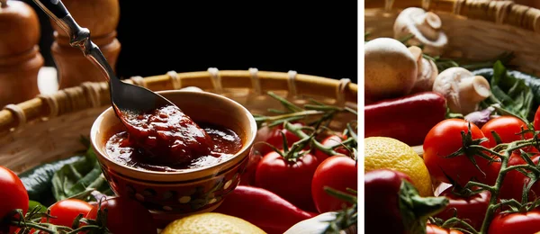 Коллаж из вкусного томатного соуса с ложкой возле свежих зрелых овощей в корзине — стоковое фото