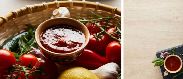 Коллаж из вкусного томатного соуса со свежими зрелыми овощами в корзине и на деревянном столе — стоковое фото