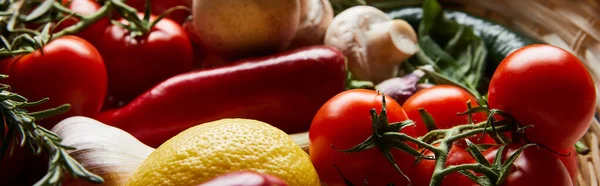 Close up view of delicious fresh ripe vegetables in basket, panoramic shot — Stock Photo