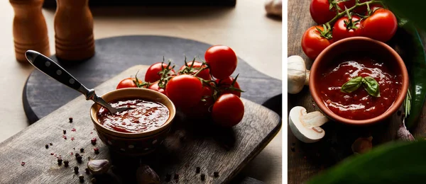 Колаж смачного томатного соусу в мисці з ложкою біля помідорів і спецій на дерев'яній дошці — стокове фото