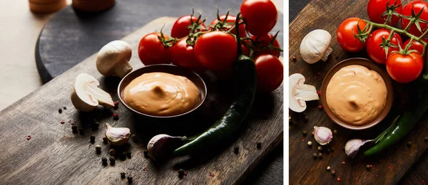 Colagem de delicioso molho em tigela perto de cogumelos, tomates e especiarias em tábua de madeira — Fotografia de Stock