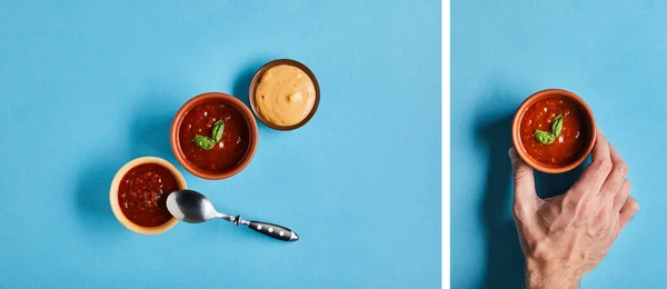 Collage of delicious sauces in bowls with spoon and male hand with sauce on blue background — Stock Photo